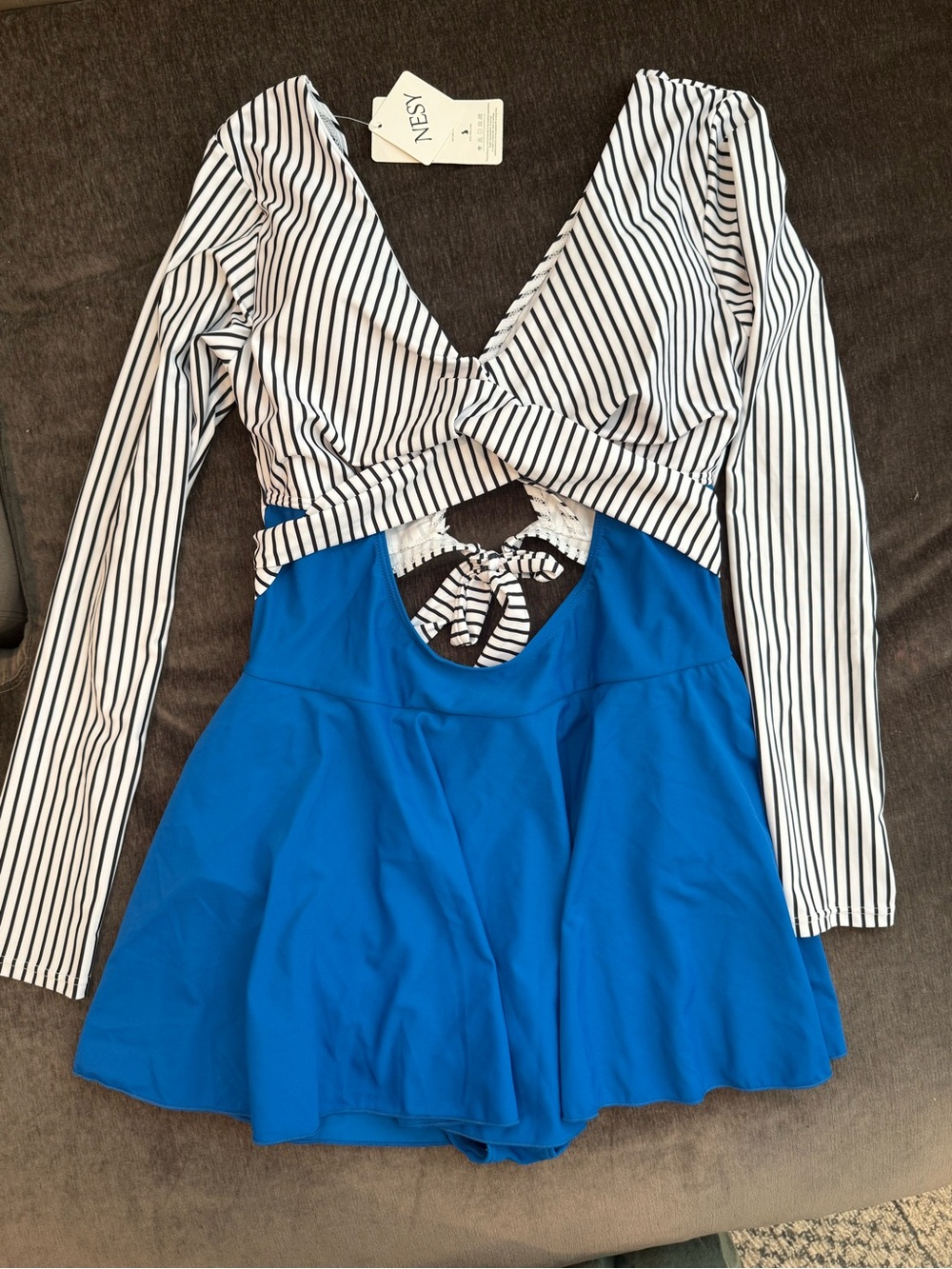 Nesy Blue & White Stripe Long Sleeve One-Piece Swimdress